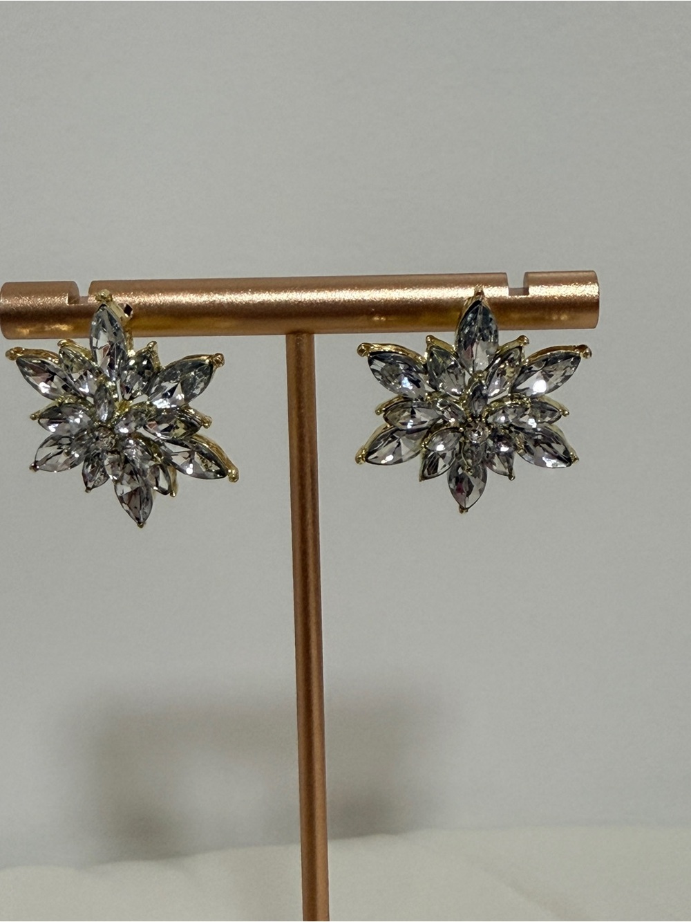 Gold Crystal Floral Stud Earrings - White Crystal